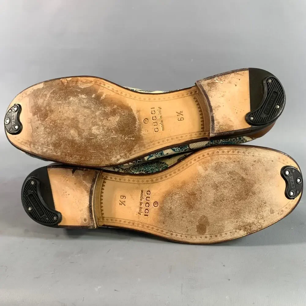 GUCCI Size 6.5 Cream Brown & Teal Paisley Mixed Fabrics Horsebit Loafers